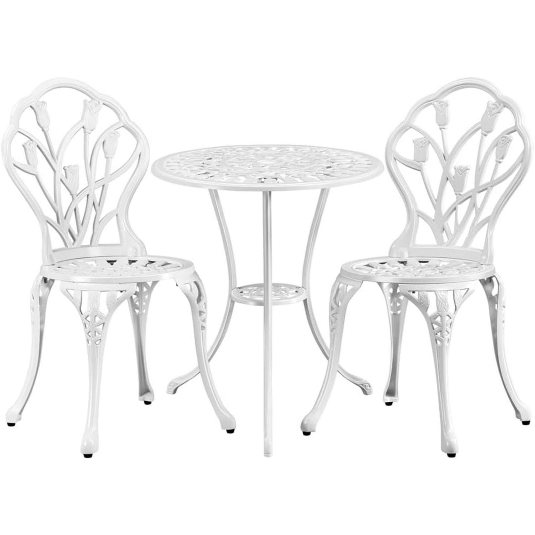 Bistroset Sitzgruppe 3-teiliges mit Schirmloch Stauraum Weiss Gartenmoebel-Set Aluminiumguss aus 2 Stuehlen 1 Balkontisch Tulpenblueten xs0962550
