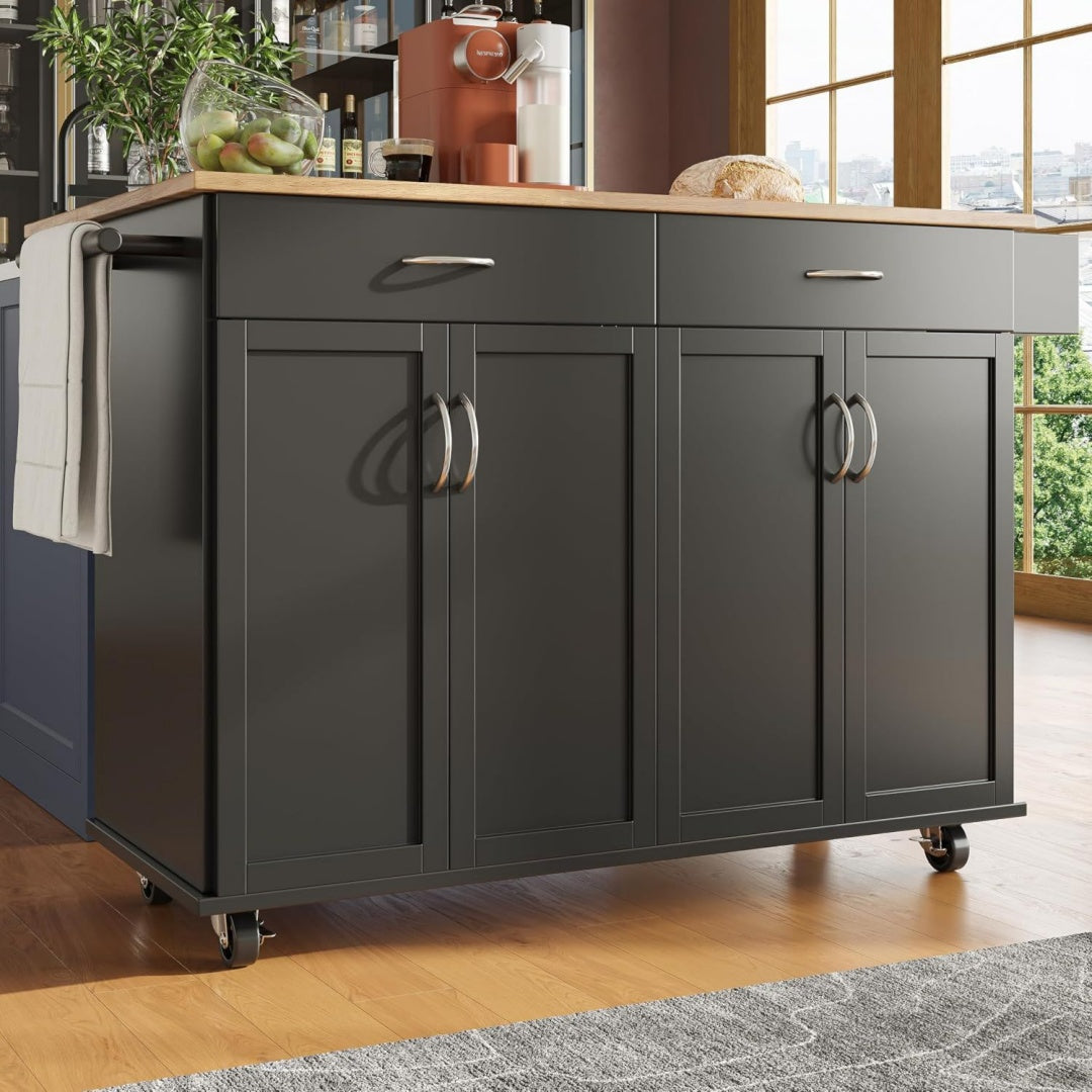 Kuechenwagen mit Arbeitsplatte ( Schwarz 128x50x90,5 cm 5 cm) Kuechenwagen auf Rollen eo6414945