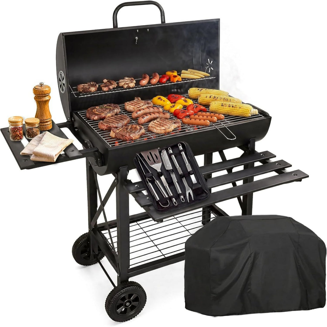 Holzkohlegrill mit XL-Grillrost und integriertem Thermometer - Inklusive Zubehoer-Kit und Abdeckung robuster Stahlwagen mit Raedern klappbare nw1498193