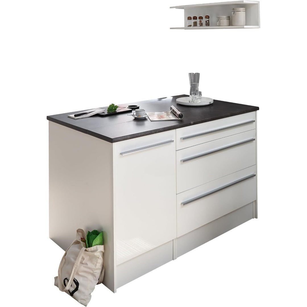 Kuecheninsel mit Arbeitsplatte freistehend in Weiss silber 145 x 90 x 90 cm modern freistehender Kuechenschrank lw0973533