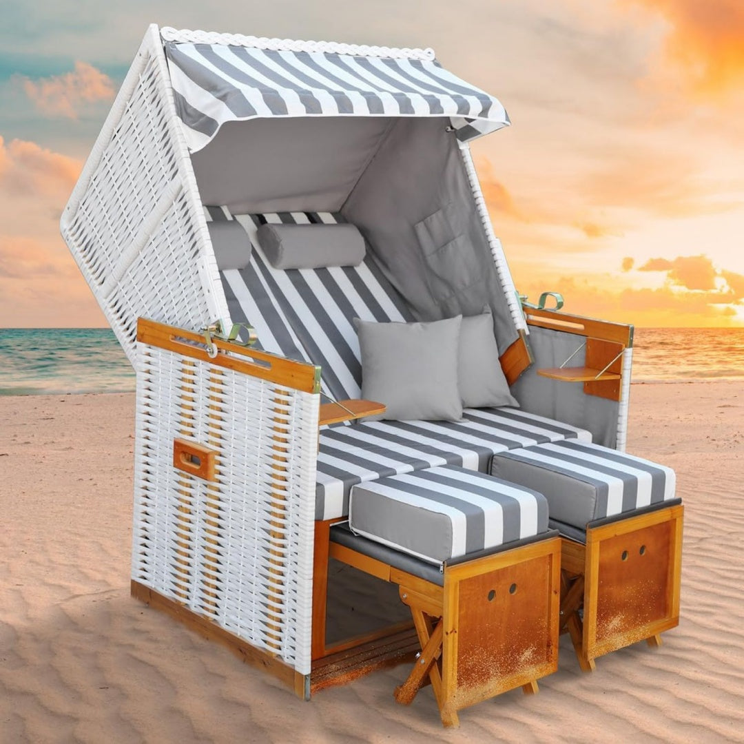 Strandkorb Norderney fuer 2 Personen 120cm breit 4 Designs inkl. wetterfeste Abdeckhaube Weiss grau hq7532235