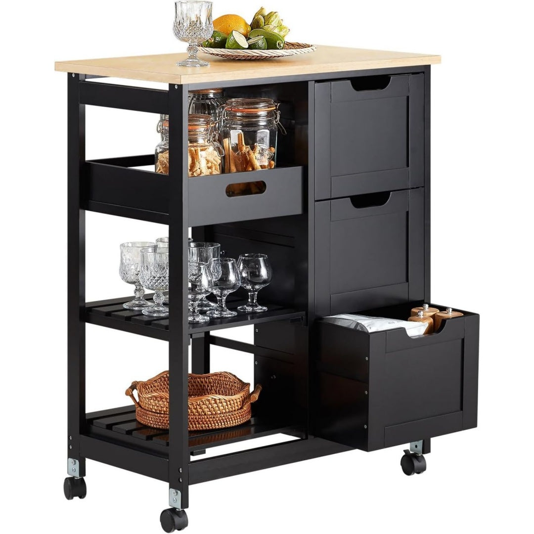 Kuechenwagen mit Bremsrollen 3 Schubladen 68x85x38 cm fuer Kueche Kuecheninsel mit mobilem Tablett 50 kg Tragkraft pj5797802