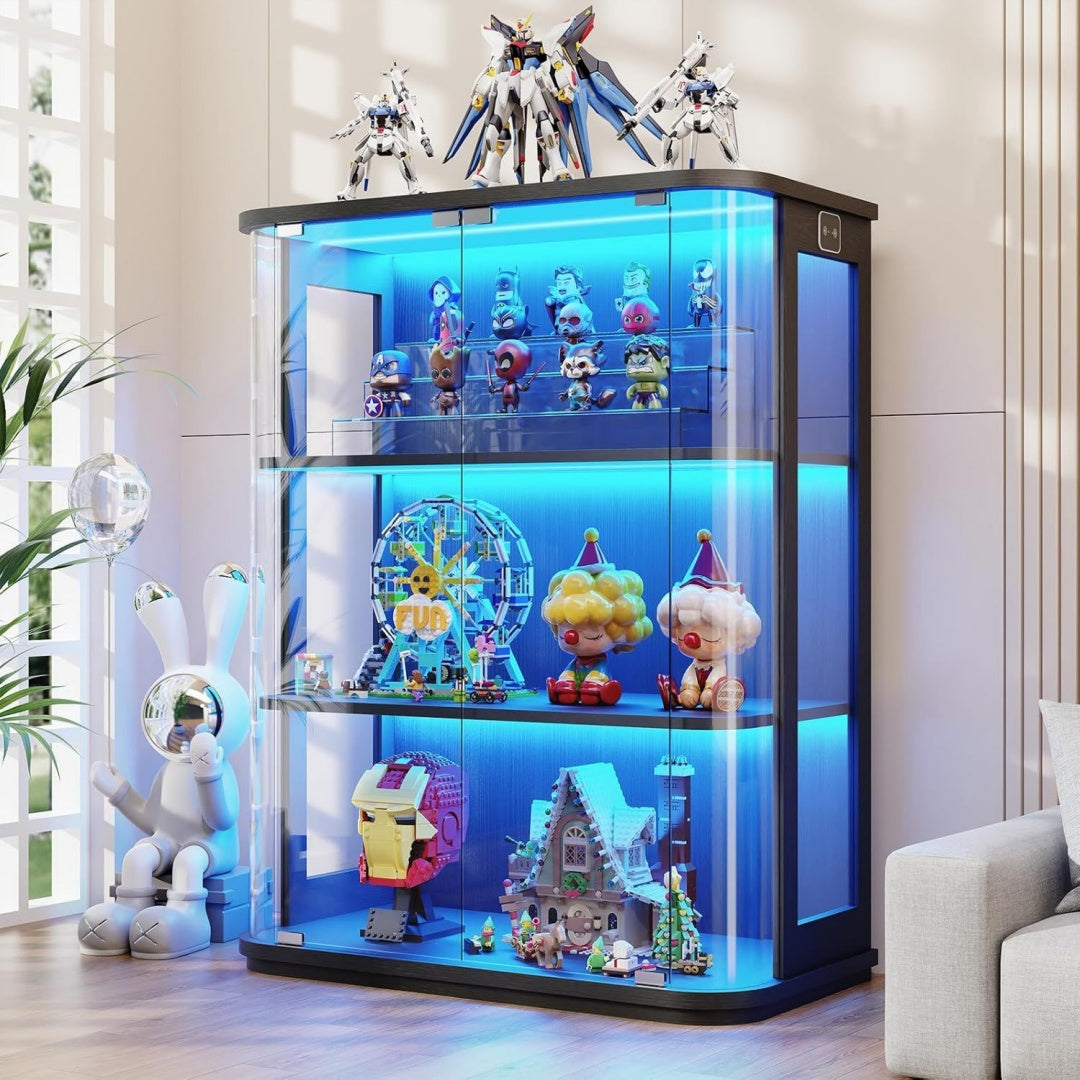 3-stoeckige runde Vitrine mit Glastuer Schwarz 3-farbige Beleuchtung Bewegungssensor jw2244993