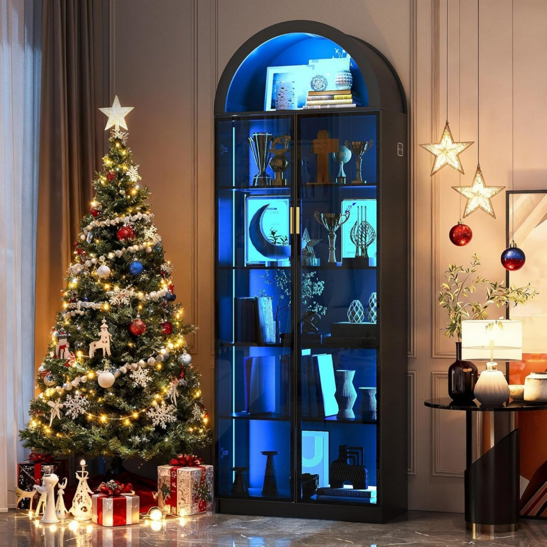 Arch Vitrine mit Tueren und verstellbaren Einlegeboeden Schwarz hohe Vitrine mit LED-Beleuchtung/Stauraum 6-stoeckige fuer Sammlerstuecke dh8168370