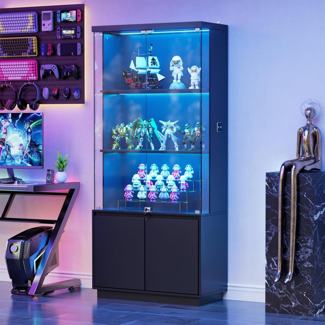 2 in 1 Glasvitrine Standvitrine mit Dreifarbig LED Beleuchtung Staubdicht Wohnzimmer Bar mit Koerpersensor-System Schrank fuer Sammler dw9520440