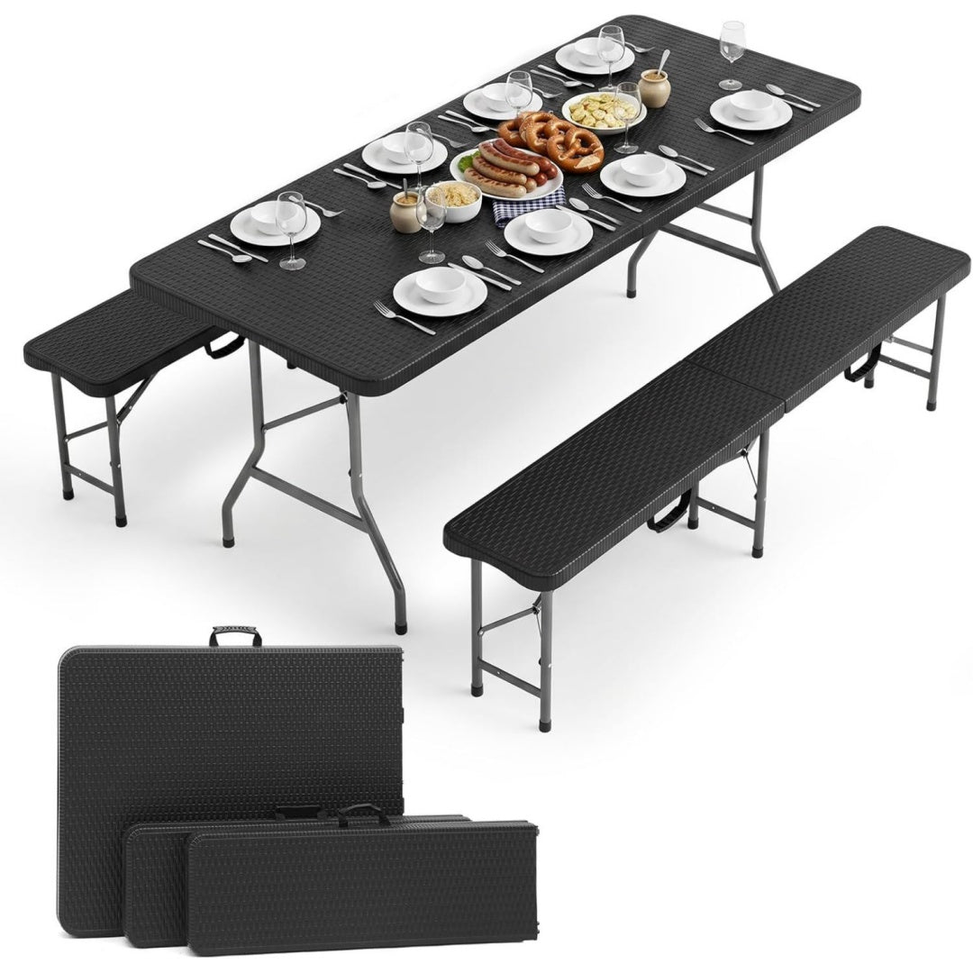 Bierzeltgarnitur Klappbar -Optik Schwarz rattan 180x74x74cm fuer 8 Personen Tisch 2 Bierbaenke Wetterfest Biertischgarnitur Kunststoff mit ma4126867