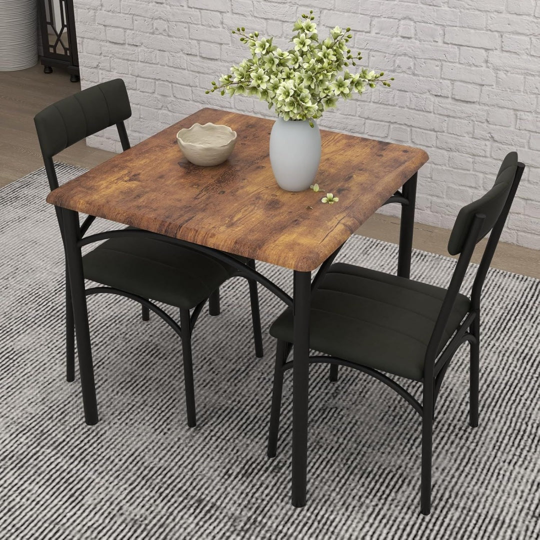 Esszimmertisch-Set 1 Tisch 2 Stuehle Braun holz Kuechentisch mit gepolsterten Stuehlen kompaktes Esstisch-Set aus und Eisengestell kb0000130