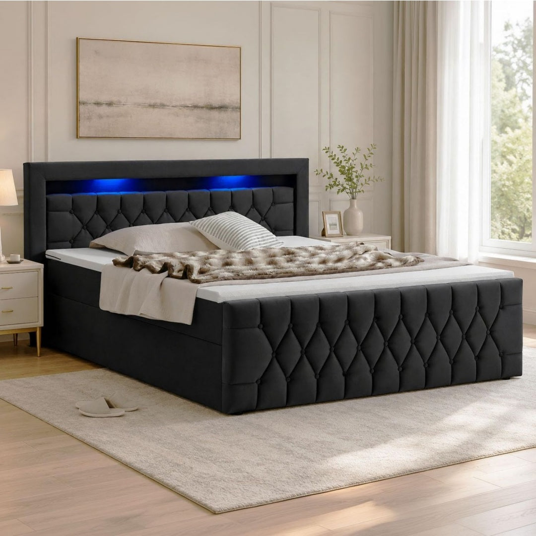 Boxspringbett Leona - Bett mit LED Beleuchtung Schwarz 180x200 cm Topper H4 Federkern Matratzen - Einzelbett mit Samt und Steppung gd3691447