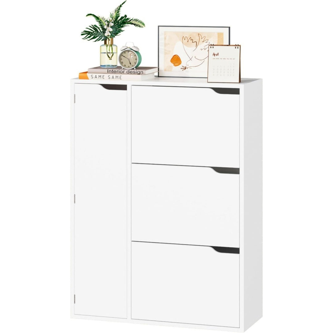 Schuhschrank mit 3 Klappen Weiss 77x30x112cm Schuhkipper Schmal mit Tuer Schuhregal Flur freistehend ps8360184