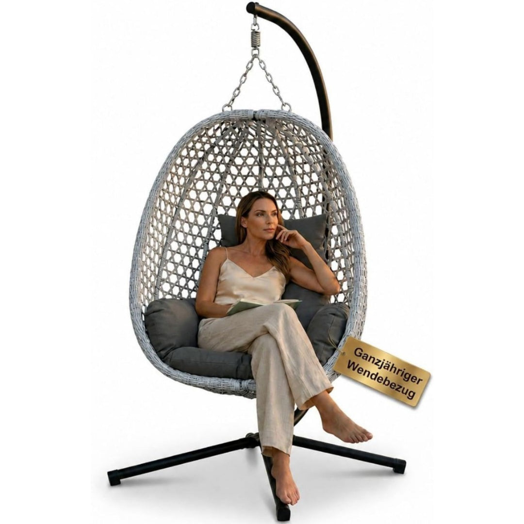 Luxus Haengesessel mit Gestell fuer Outdoor Indoor Ganzjaehriger Loungesessel mit Sommer-/Winter-Wendebezug Grau bis 150 kg belastbar inklusive au5473302