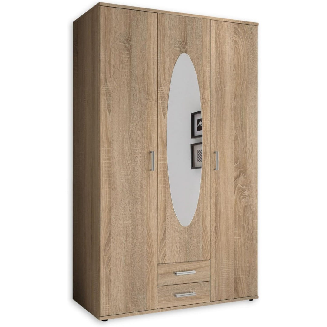 Eleganter Kleiderschrank 3-tuerig mit viel Stauraum - Vielseitiger Drehtuerenschrank in Sonoma Optik mit Spiegeltuer - (B/H/T) eiche 120 x 195 x 55 cm vd0770574