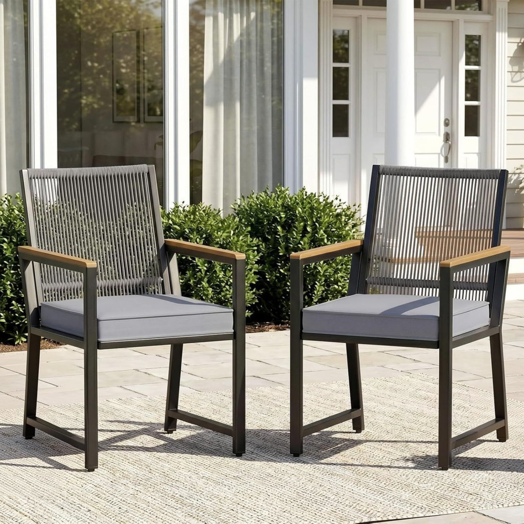 2er Set Gartenstuehle Grau rattan Wetterfest Balkonstuhl aus Metall Essstuehle mit WPC Armlehne sq5382998