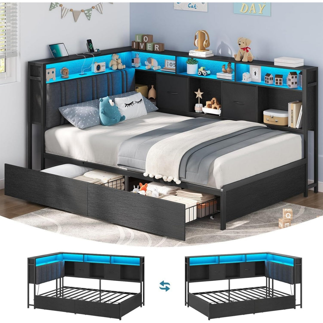 Eckbett mit LED Stauraum Grau 90x200 cm yc1489448