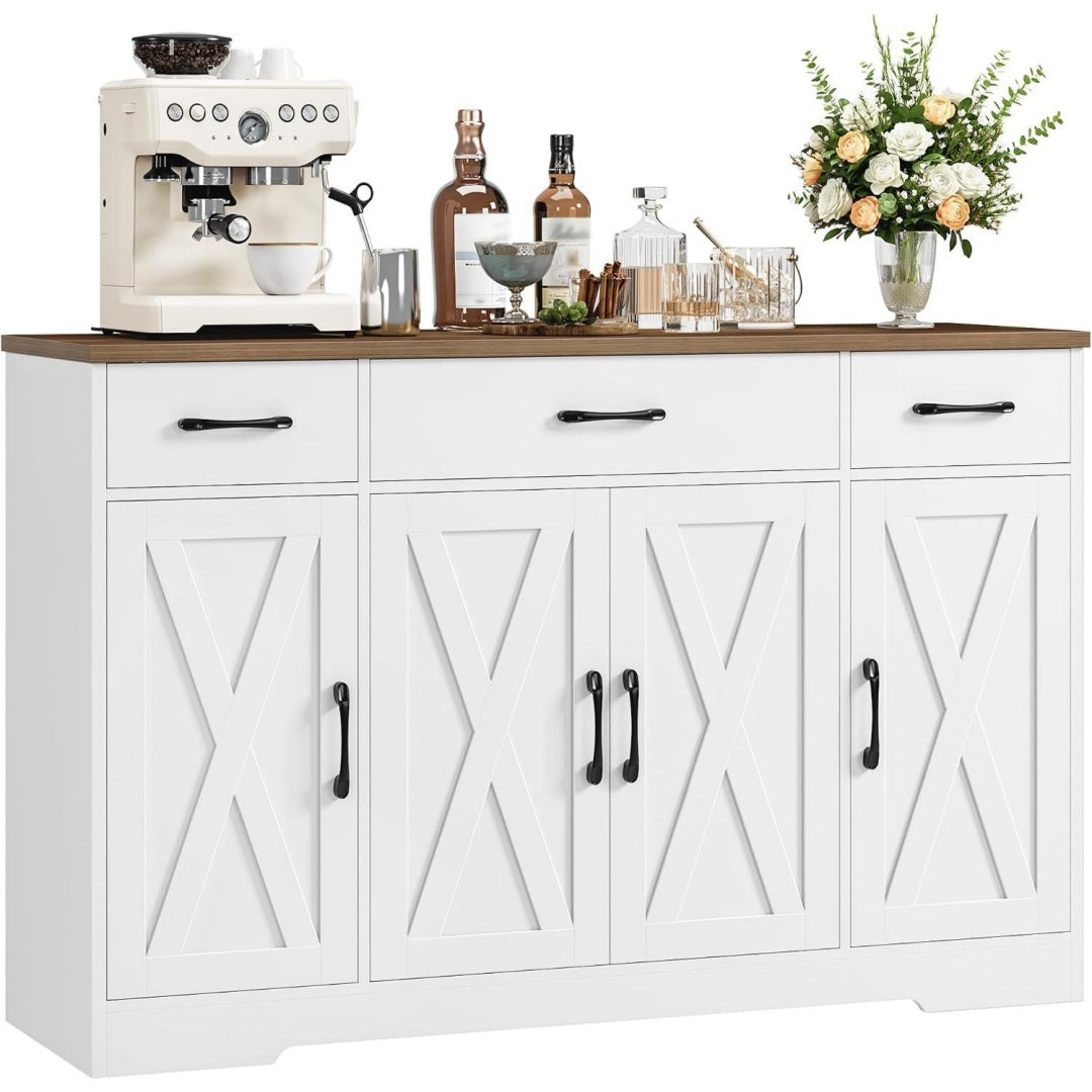 HOCSOK140cm Sideboard Schwarz weiss Kuechenschrank mit Verstellbaren Ablagen Buffetschrank Kuechenbuffet mit 3 Schubladen und 4 Tueren gv6948223