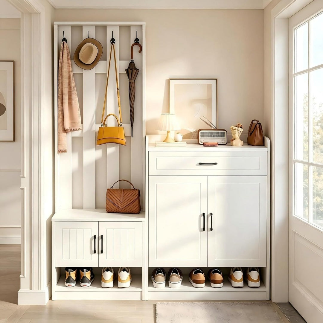 Garderoben Set 140 Weiss matt 140,6 x 32 x 180 cm 3-in-1 Flurgarderobe mit Garderobenpaneel Schuhschrank bk2191600